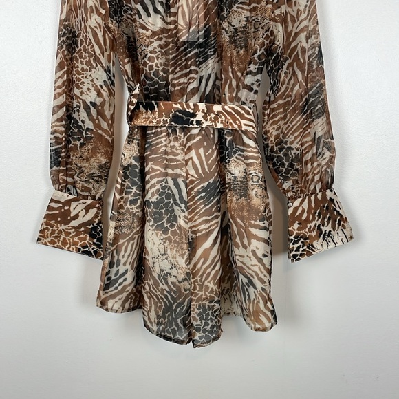 L' Atiste Womens M Animal Print Long Sleeve Belted 1/2 Button Down Lined Romper - Picture 7 of 11